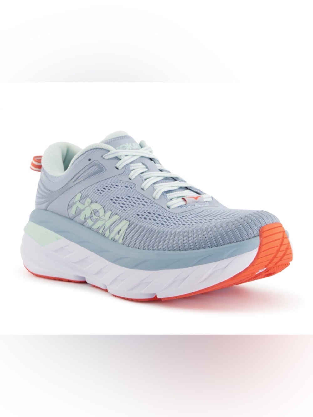 Hoka Women's Bondi 7 Wide Light Blue and Coral Running Shoe Size 7.5D